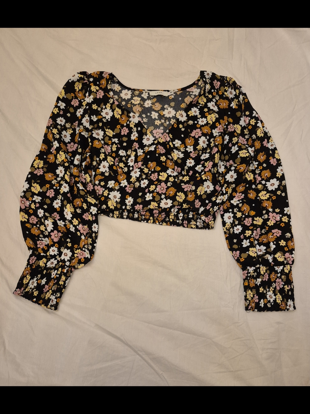 Lush Black Floral Cropped Long-Sleeve Top